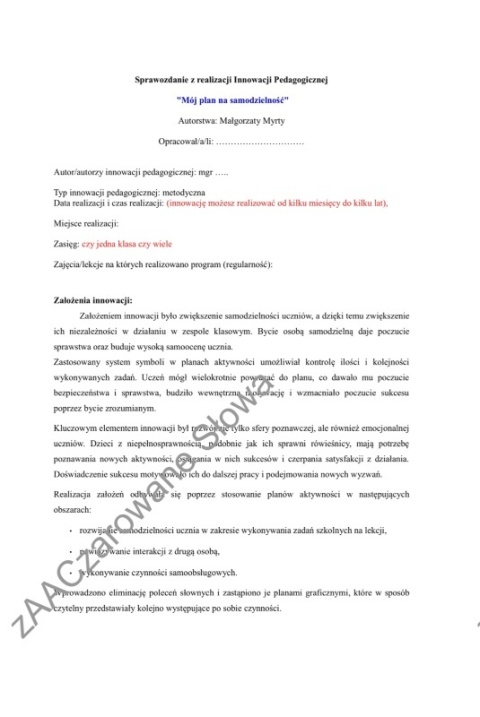 Innowacja pedagogiczna "Mój plan na samodzielność" Innowacja pedagogiczna "Mój plan na samodzielność"